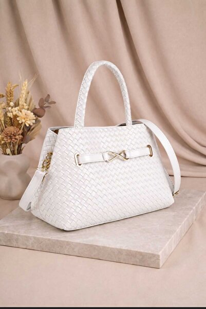 ÖZÜM ÇANTA Women's Knitted Pattern Belt Datay Hand and Shoulder Bag White