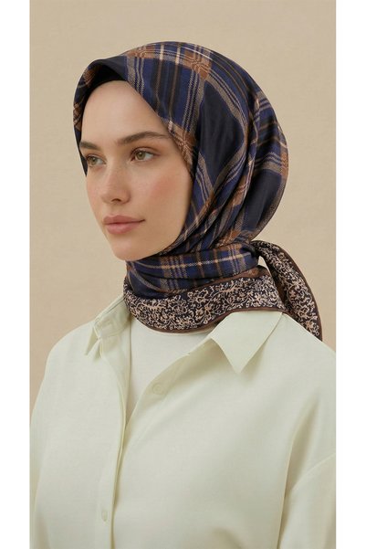 Karaca Eşarp Plaid Patterned Rayon Scarf - Dark Blue / Taupe