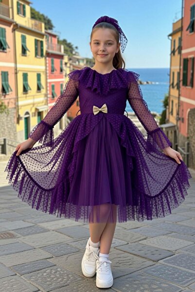 Riccotarz Girl's Purple Evening Dress with Transparent Tulle on the Sleeves a...