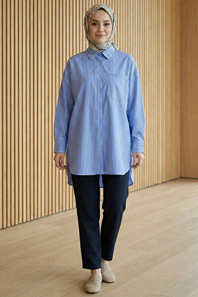 FERHEL Women's Buttoned Shirt with Short Front and Long Back, Single Pocket -...