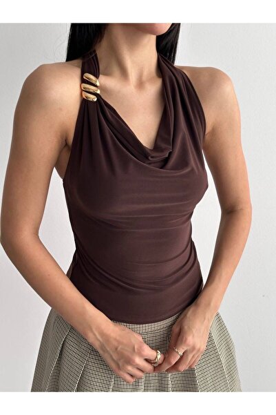 ALLEYTA Bluză de damă cu bretele la gât, cu spatele gol, cu drapaj în față și...