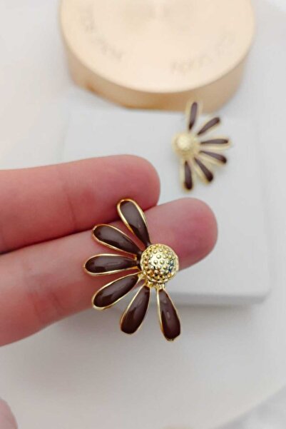 KYOLA DESİGN Brown Half Daisy Gold Women's Earrings (4cm)