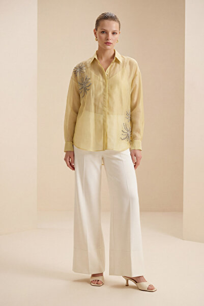 Setre Olive Transparent Long Sleeve Shirt with Stone and Inner Tank Top Detail