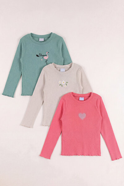 monox Set de 3 hanorace brodate cu nervuri pentru fete cu vârsta între 5-12 ani