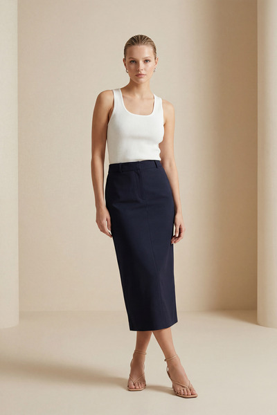 Setre Navy Blue Pencil Cut Skirt with Hidden Closure and Zipper Detail