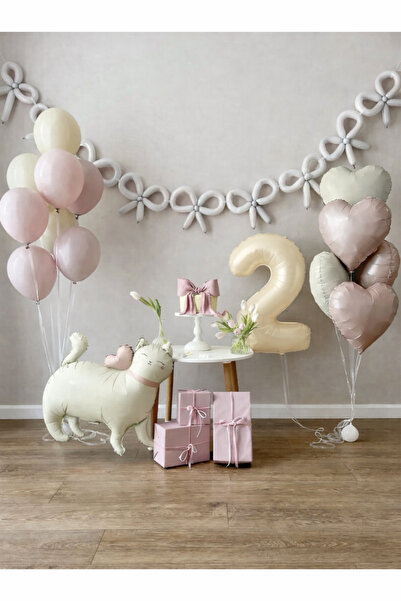 Çemrek Süs Parti Krem Rakam Yaş Balon ve Doğum Günü Seti Kedi Folyo Balon Sos...