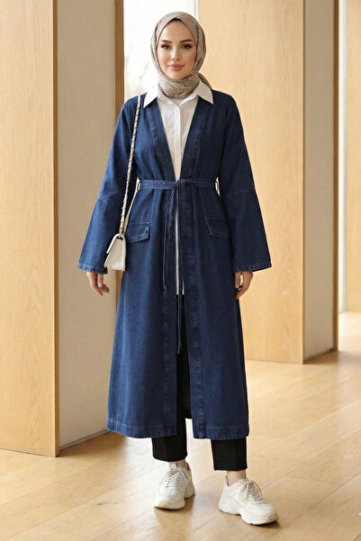 FERHEL Pantaloni de damă cu buzunare și curea - indigo