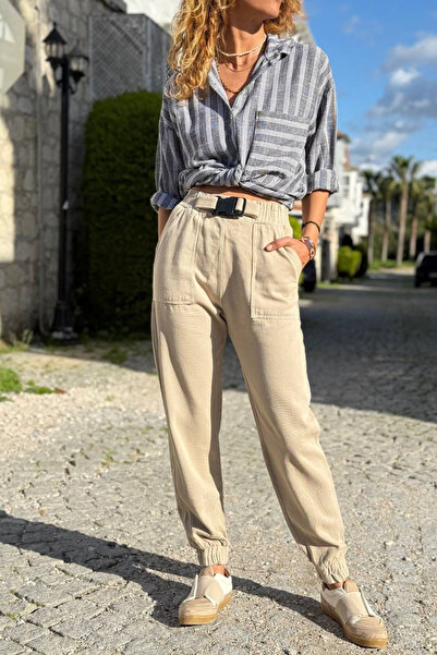 Güneşkızı Women's Beige Color Belt Buckle Waist Elastic Cuffed Pocket Cargo P...