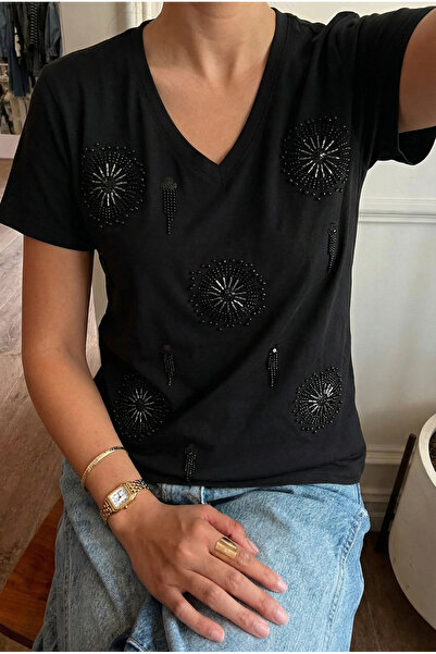FEMELLE Black 100% Cotton V-Neck T-Shirt with Sequins and Beads Embroidery