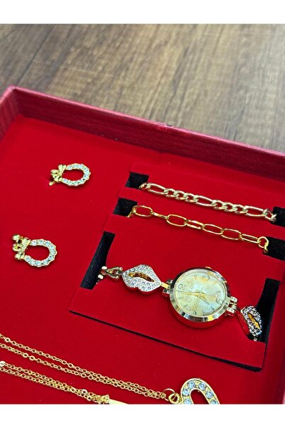 MEMİTA Kadın Gold Renk Saat & Takı Seti – Kol Saati, Kolye, Küpe ve Bileklik ...