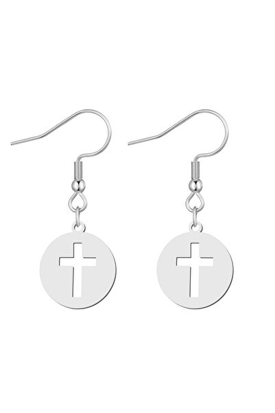 EFAYN.RO Cercei dama, model religios, pandantiv rotund cu cruce, argintii, EFAYN