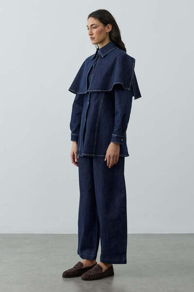 Fahhar Pelerin Detaylı Denim Gömlek Ceket Lacivert