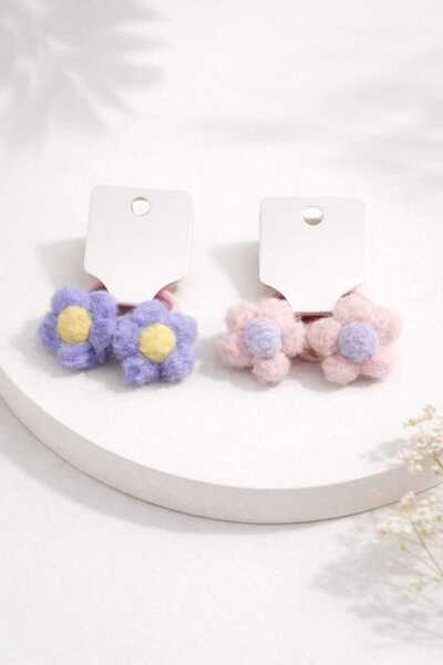 LİNACO Peluş Çiçek Saç Tokası 2’li Set Sevimli Pom Pom Figürlü Lastik Toka Be...