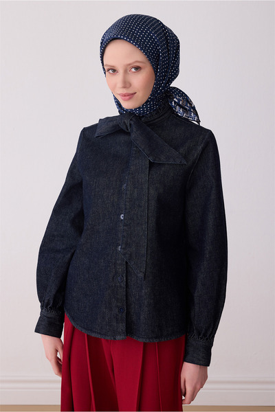 Belli Eșarfă bleumarin cu model clasic 100% twill mătase 4326-86