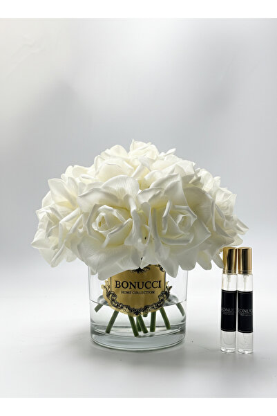 Bonucci 15'li Cam Vazolu Premium Lüks Gerçek Dokunuşlu Solmayan Gül Aranjmanı...