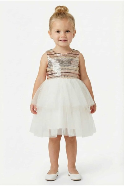 SIRRI فستان بناتي من التول بلون إكرو مع تفاصيل من الترتر (2-5)