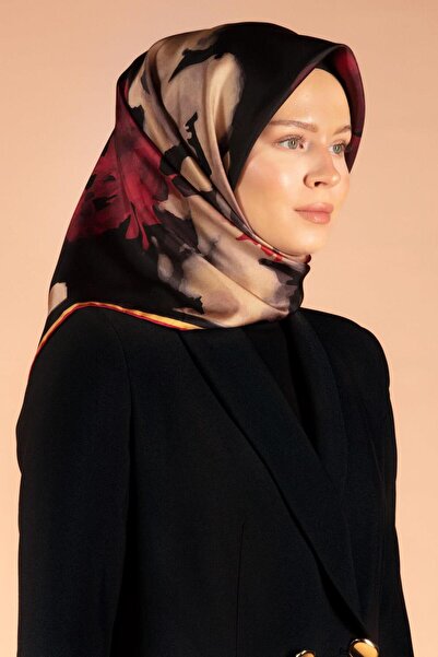 Vissona %100 Twill İpek Yaprak Desenli Siyah - Bordo Renkli 90x90 Eşarp Dikim...