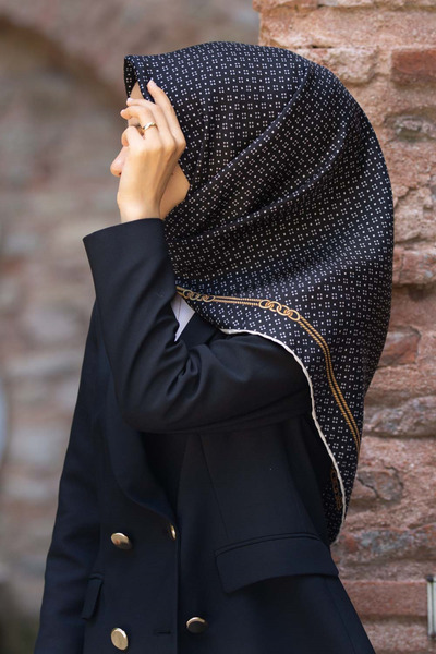 Vissona %57 İPEK %43 VİSKON Twill İpek Zincir Desenli Siyah - Krem Renkli 90x...