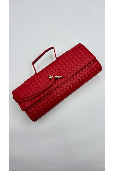 By EDUU Red Knitted Patterned Women's Hand and Shoulder Bag - Strap Portfolio...