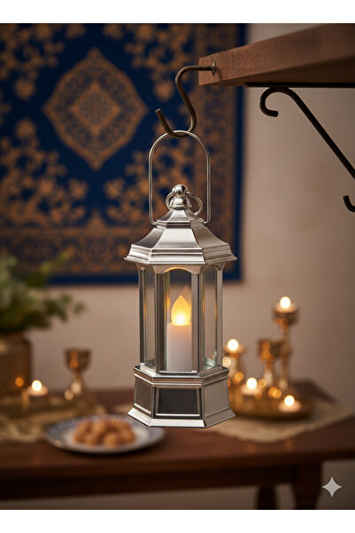 DODOMAR Ramazan Ledli Dekoratif Fener Parlak Gümüş Renk 10 cm Masa ve Raf Süsü