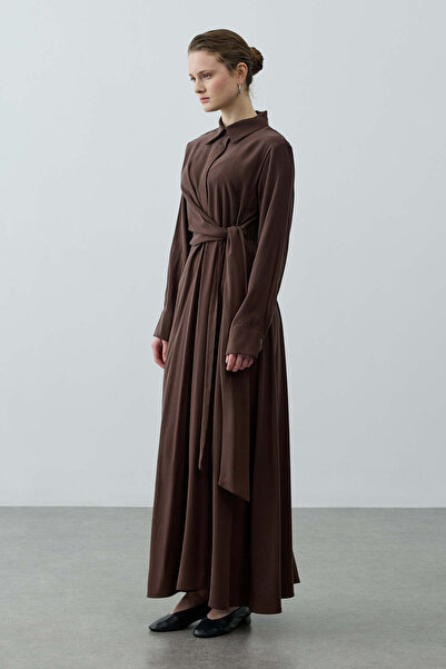 Fahhar Kruvaze Bağlamalı Elbise Kahverengi