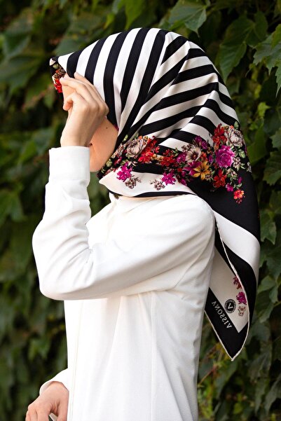 Vissona %100 Twill İpek Çıtır Çiçekli Ve Çizgi Desenli Siyah - Fuşya Renkli 9...