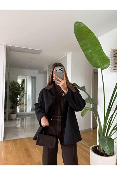 MERVE AKSOY Deri Yaka Ekose Astarlı Ceket
