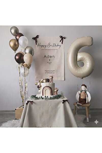 Çemrek Süs Parti Bej Krem Kahve Gümüş Gold Balon Demeti Seti Rakam Folyo Balo...