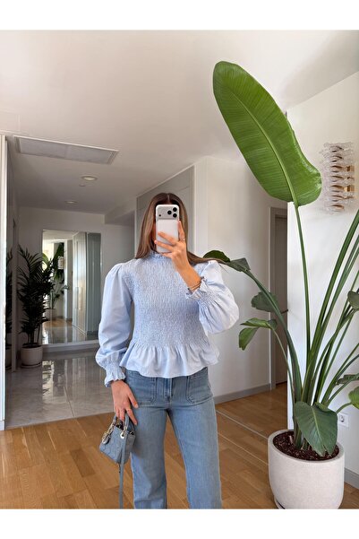 MERVE AKSOY Gipeli Poplin Bluz - Mavi