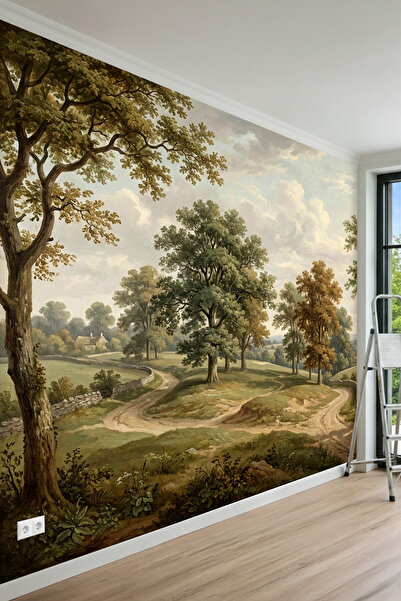 MİRAZAWALL Kırsal Yol ve Ağaç Manzaralı Yağlı Boya Efektli Tek Parça Tekstil ...