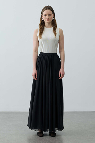 Fahhar Büzgülü Dökümlü Maxi Etek Siyah