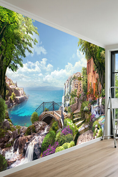 MİRAZAWALL Akdeniz Köyü Şelale ve Deniz Manzaralı Tek Parça Tekstil Duvar Kağıdı