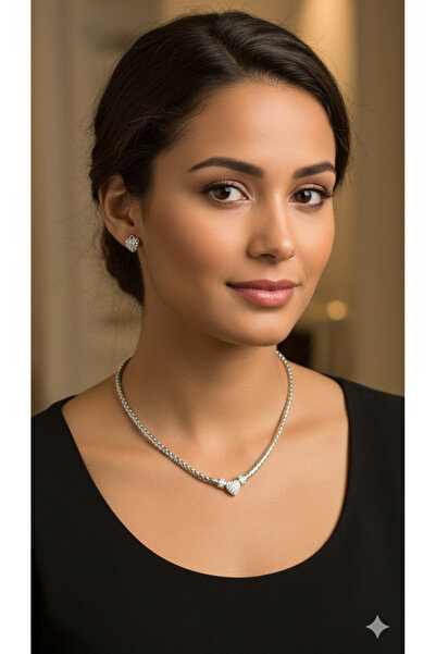 PETEK AKSESUAR Heart Stone Necklace Earring Set
