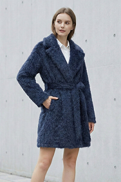 FERHEL Bearded Plush Cashmere Hat with Belt and Pockets - Dark Blue