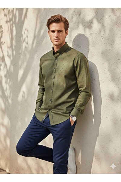 Louis Fabel Khaki Micro Bow Patterned Long Sleeve Men's Shirt