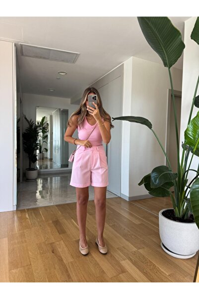 MERVE AKSOY Qu Poliviskon Yüksek Bel Şort - Pembe