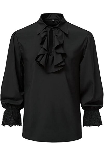 OEM Men's Steampunk shirt with Ruffled, black, size L, LucMatton
