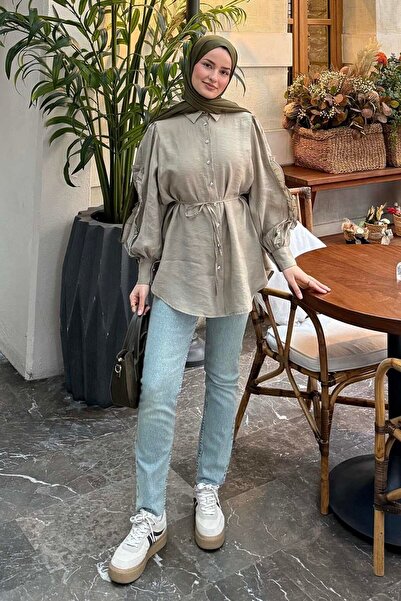 lamelif Wide Collar Ribbed Shirt Khaki