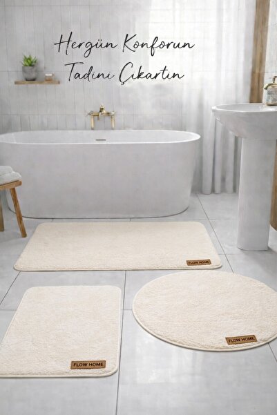 Flow Home 3’lü Peluş Banyo Paspası Kaymaz Tabanlı Yıkanabilir Lüks Yumuşak Kl...