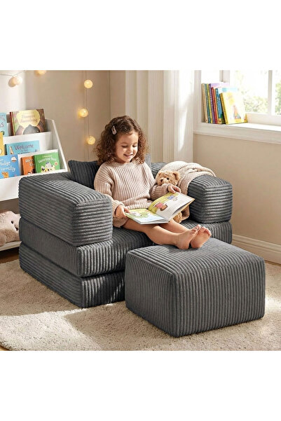 foamly Premium Koyu Gri Fitilli Kadife Modüler Çocuk Koltuğu ve Puf Seti - Be...