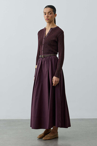 Fahhar Büzgü Detaylı Maxi Etek Mürdüm