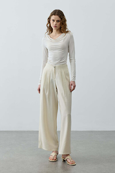 Fahhar Pileli Tensel Pantolon Ekru