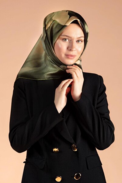 Vissona Eșarfă 100% din mătase twill cu model de frunze, de culoare verde kak...