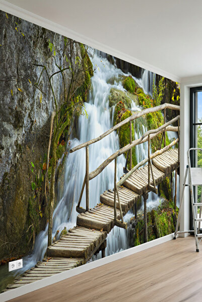 MİRAZAWALL Doğa İçinde Rustik Ahşap Köprü Desenli Tek Parça Tekstil Duvar Kağıdı