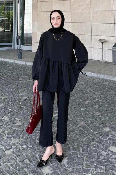 lamelif Ruffled Blouse Trousers Set Black