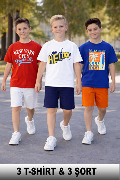 twins tailors طقم تي شيرت وشورت للأولاد مكون من 3 قطع مطبوع عليه Hello And Su...