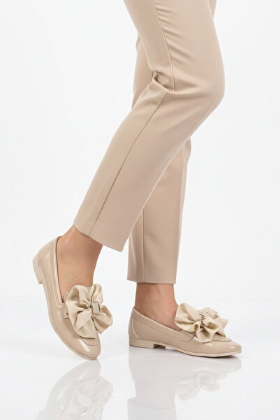 AYAKMOD Balerini de damă bej cu panglică cu fundă ușoară 572485 Z