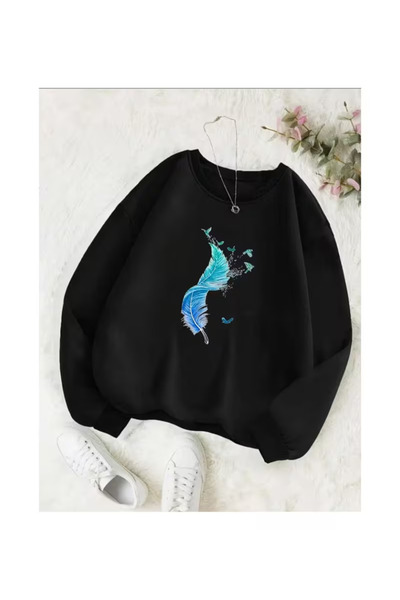 PENTHİLUS Women's Feather & Seagull Printed Trendy Oversize Sweatshirt