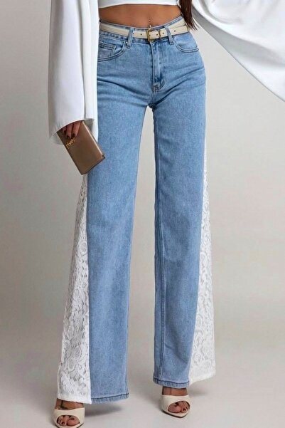FashionForYou Brooklyn wide leg jeans, with elastic texture and lace, Light blue