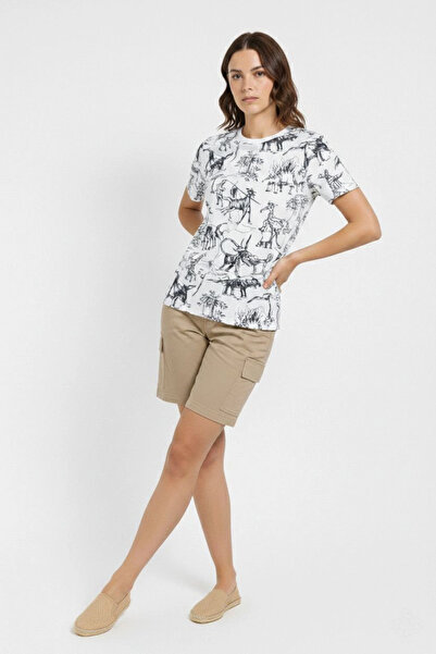 LUMİART تي شيرت نسائي أبيض بنقشة ديناصور - مقاس عادي، ياقة دائرية، تي شيرت قط...